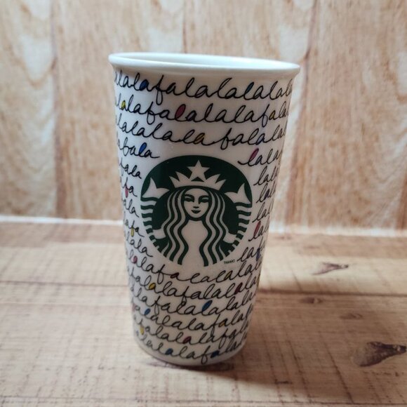 2011 STARBUCKS Falala Travel Mug Holiday Fa La La Double Wall Ceramic & Lid 12oz - Picture 3 of 11